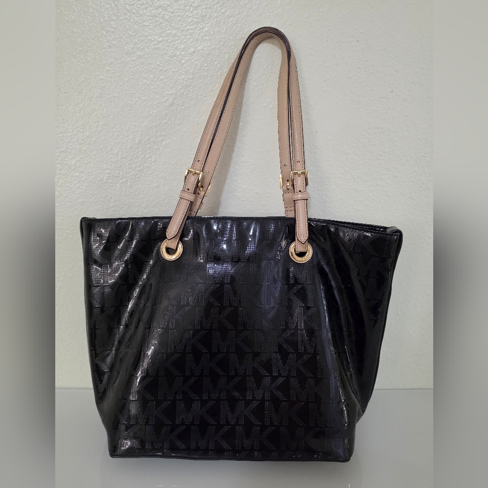 Michael Kors Black Logo Tote with Beige Straps